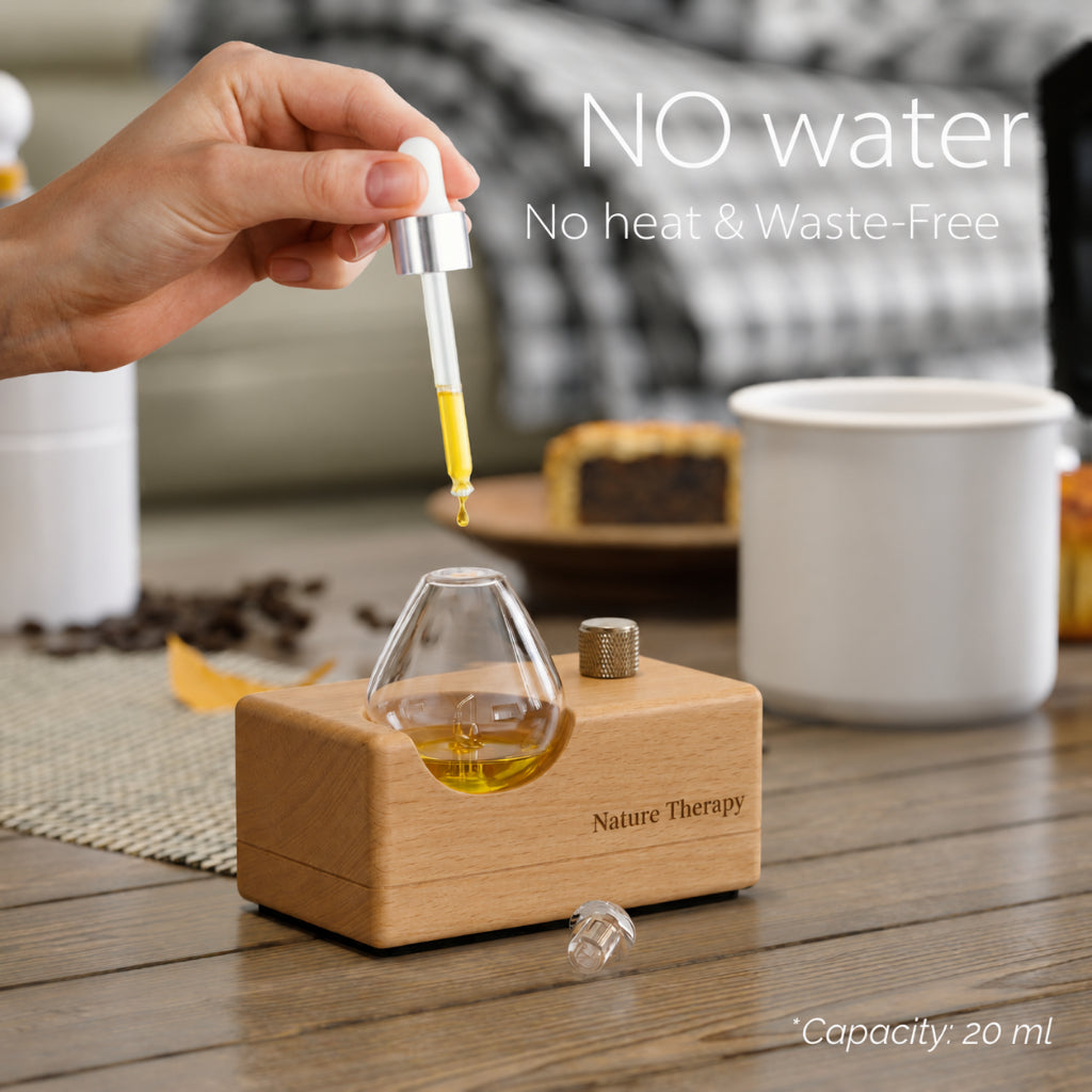 Handmade Wood Base Waterdrop Glass Cordless Waterless Diffuser | Quiet Air Pump | LED