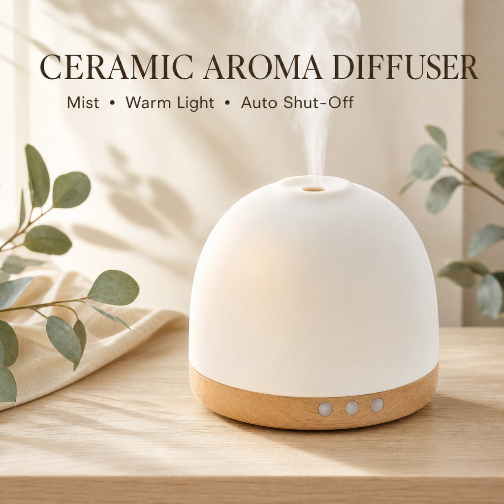 Ceramic essential oil diffuser releasing mist on a wooden surface surrounded by eucalyptus leaves