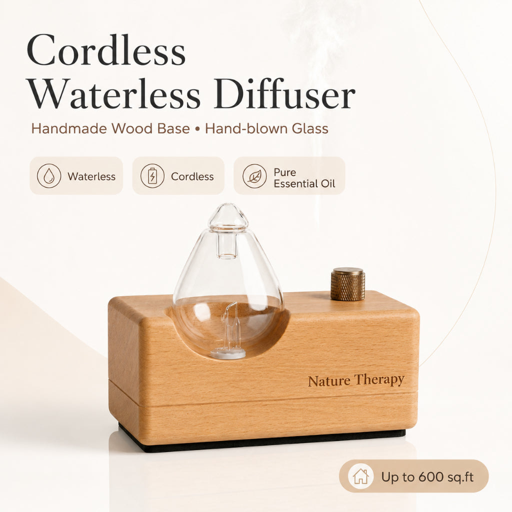 Handmade Wood Base Waterdrop Glass Cordless Waterless Diffuser  | Quiet Air Pump | LED
