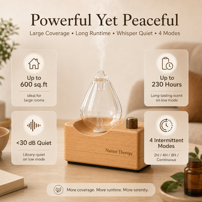 Handmade Wood Base Waterdrop Glass Cordless Waterless Diffuser  | Quiet Air Pump | LED