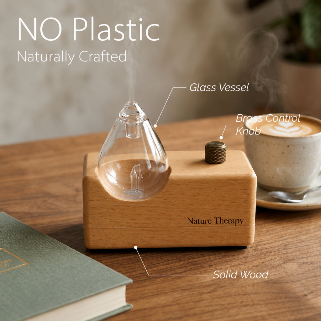Handmade Wood Base Waterdrop Glass Cordless Waterless Diffuser  | Quiet Air Pump | LED