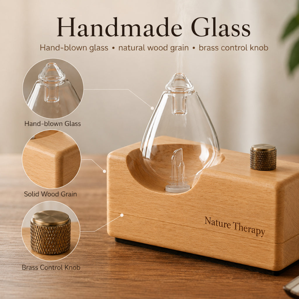 Handmade Wood Base Waterdrop Glass Cordless Waterless Diffuser  | Quiet Air Pump | LED