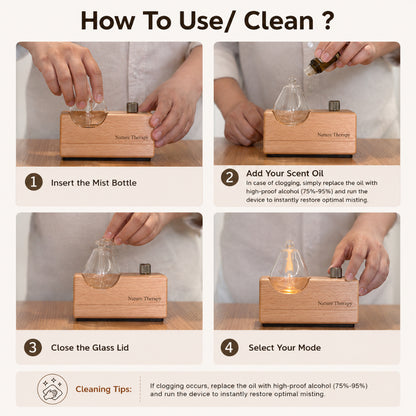 Handmade Wood Base Waterdrop Glass Cordless Waterless Diffuser  | Quiet Air Pump | LED