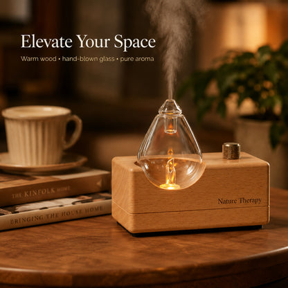 Handmade Wood Base Waterdrop Glass Cordless Waterless Diffuser  | Quiet Air Pump | LED
