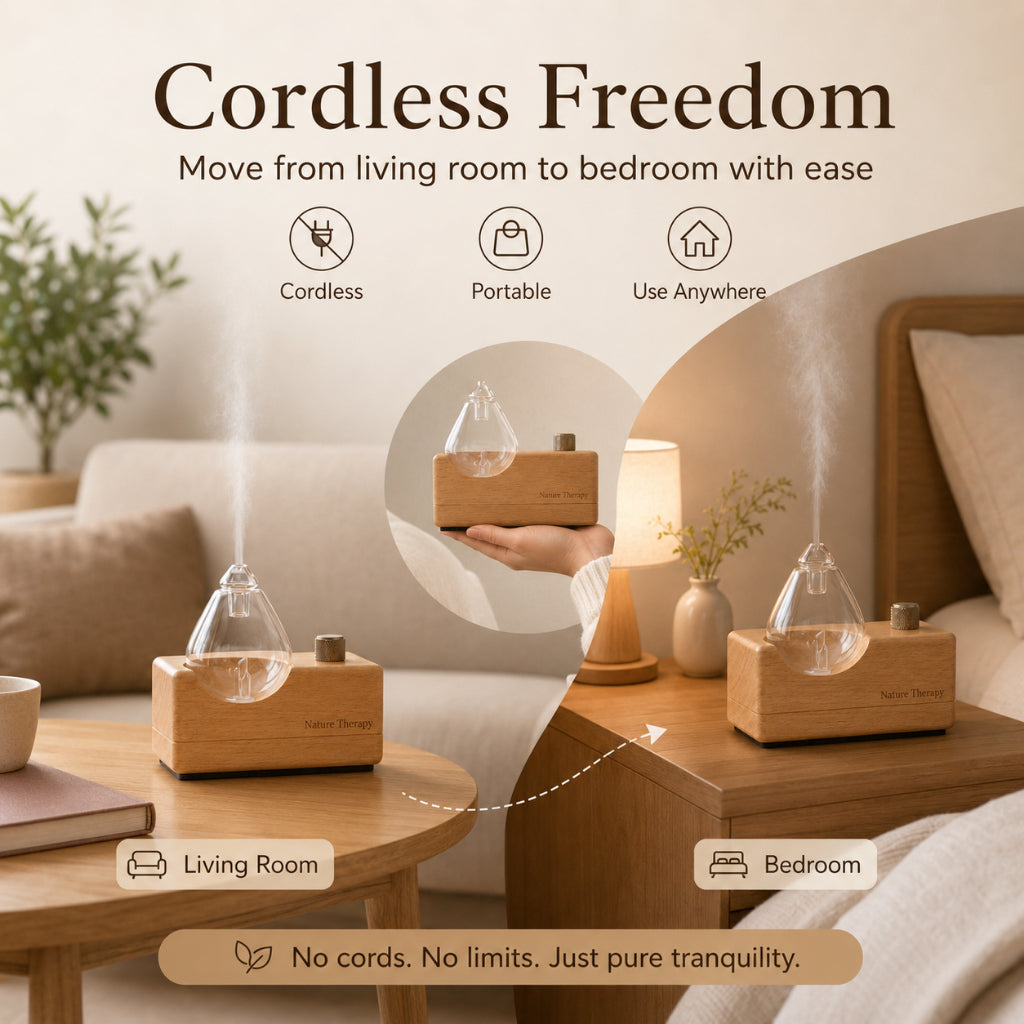 Handmade Wood Base Waterdrop Glass Cordless Waterless Diffuser  | Quiet Air Pump | LED