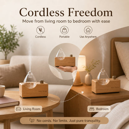 Handmade Wood Base Waterdrop Glass Cordless Waterless Diffuser  | Quiet Air Pump | LED