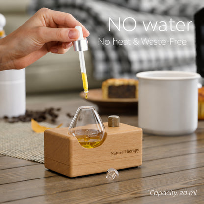 Handmade Wood Base Waterdrop Glass Cordless Waterless Diffuser  | Quiet Air Pump | LED